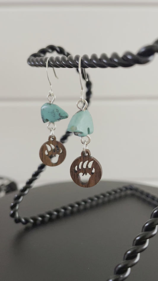 Turquoise Bear & Wood Carved Bear Claw Drop Earrings 1.5" Animals Nature Minimalist Lightweight Women Gift Everyday Fashion Handmade Jewelry