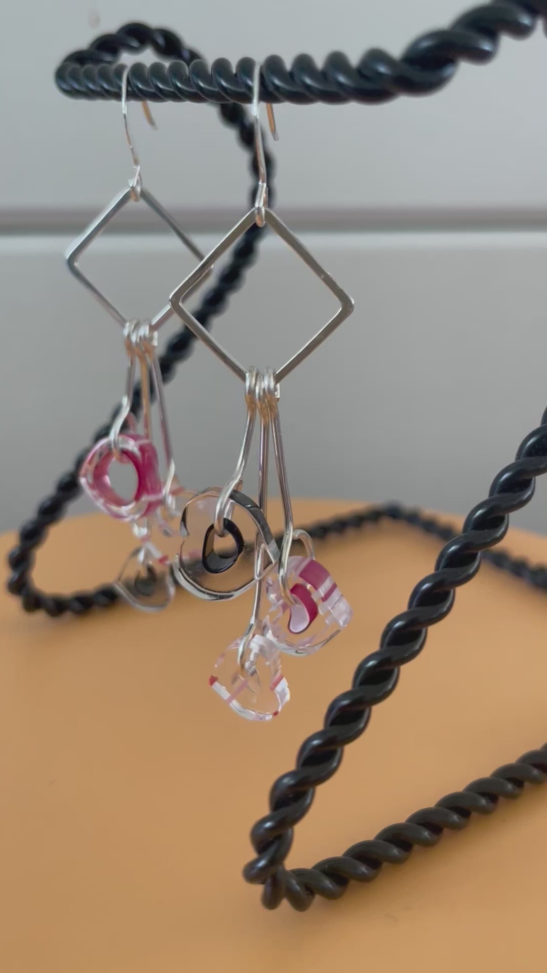Cane Glass Heart Dangle Earrings 2.5" Long Clear Red White Black Red Clear Black Layered Handmade Women Gift Everyday Fashion Jewelry