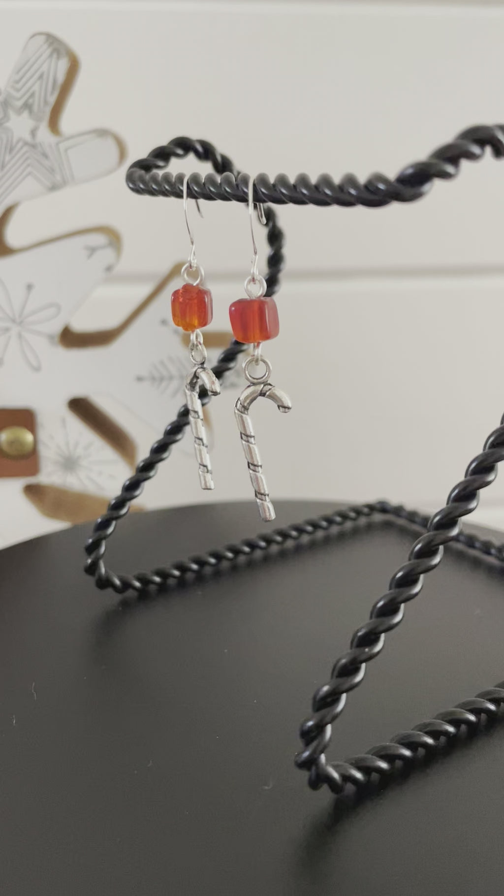 Candy Cane Charm & Square Red Glass Bead Earrings 2" Holiday Minimalist Christmas Stocking Filler Stuffer Gift