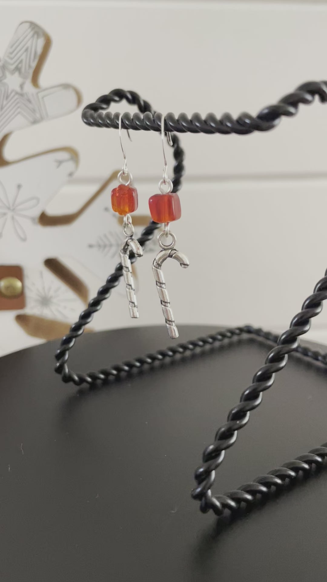 Candy Cane Charm & Square Red Glass Bead Earrings 2" Holiday Minimalist Christmas Stocking Filler Stuffer Gift