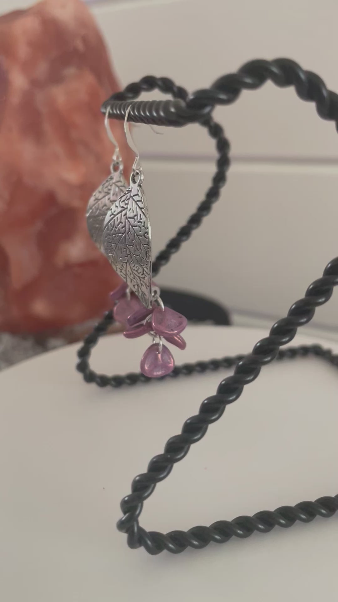 Stamped Leaf Dangle Earrings 2.25" Textured Mixed Metal Glass Purple Mauve Boho Leaves Fall Women Gift Everyday Fashion Handmade Jewelry