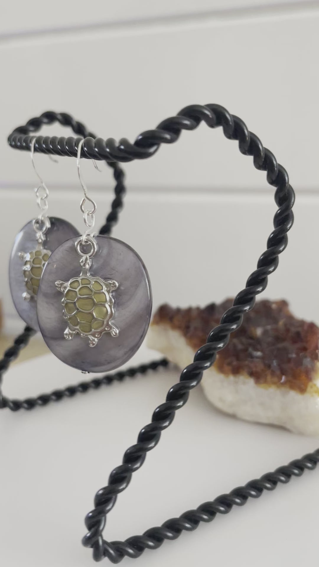 Iridescent Oval Shell & Mixed Metal Turtle Charm Earrings Handmade Geometric Large Statement Ocean Sea Life Gray Grey Silver Mother of Pearl