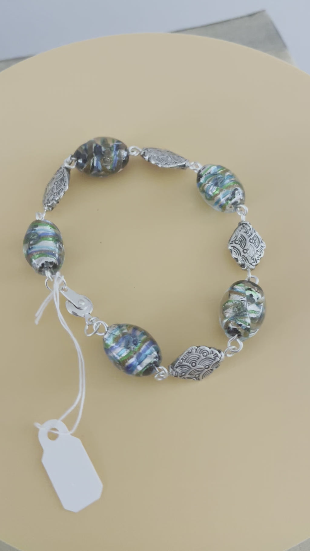 Colorful Swirled Glass Chunky Bracelet 8.25" Textured Mixed Metal Blue Black Silver Copper Multicolor Coastal Mermaid