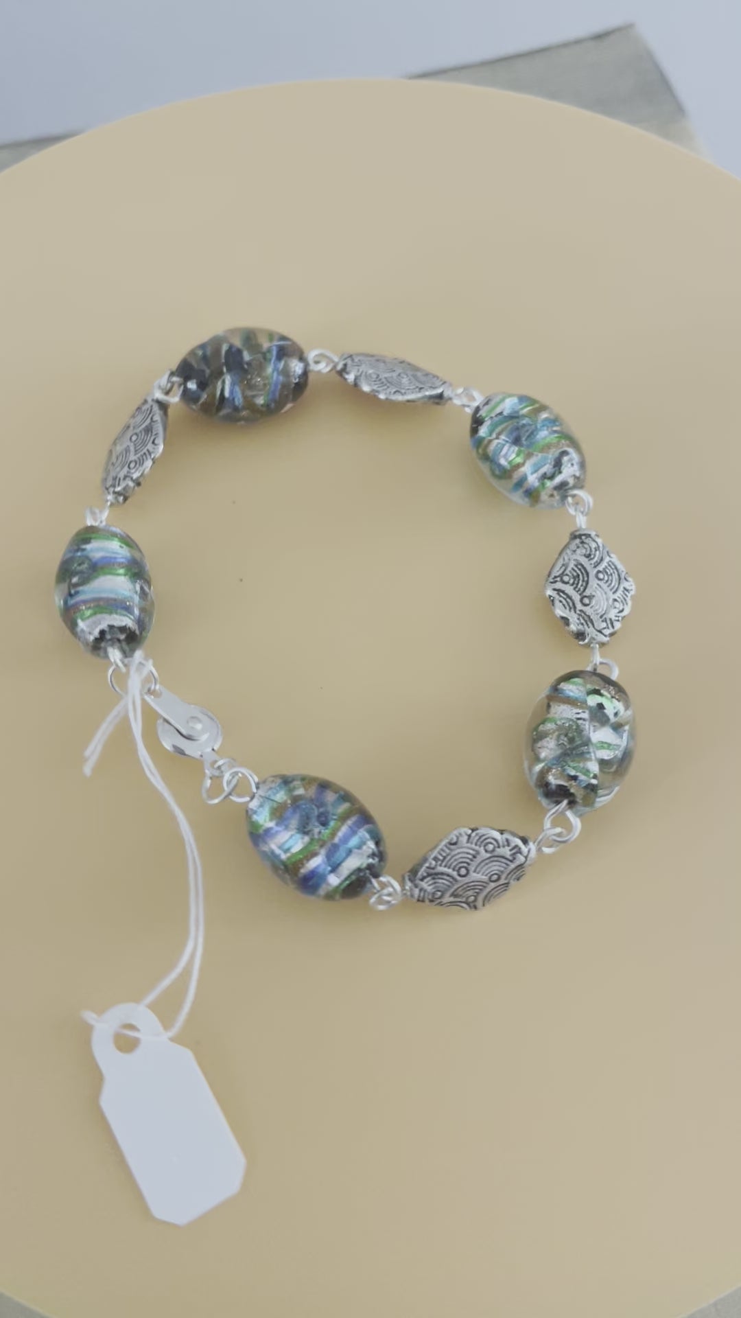 Colorful Swirled Glass Chunky Bracelet 8.25" Textured Mixed Metal Blue Black Silver Copper Multicolor Coastal Mermaid