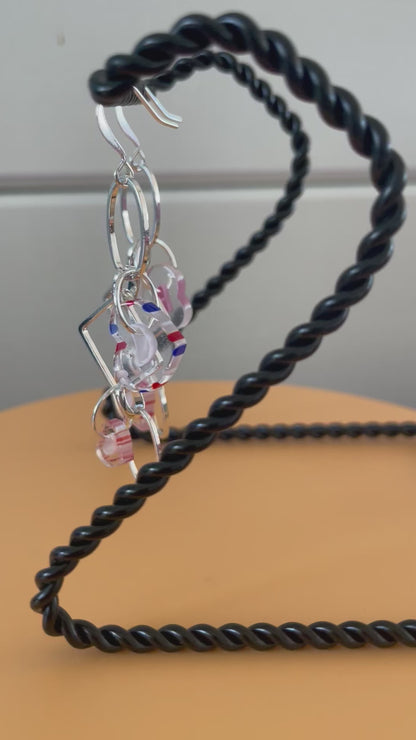 Handmade Cane Glass Heart Dangle Earrings 2.5" Geometric Clear Red Multicolor Valentine's Gift Idea Large Chain