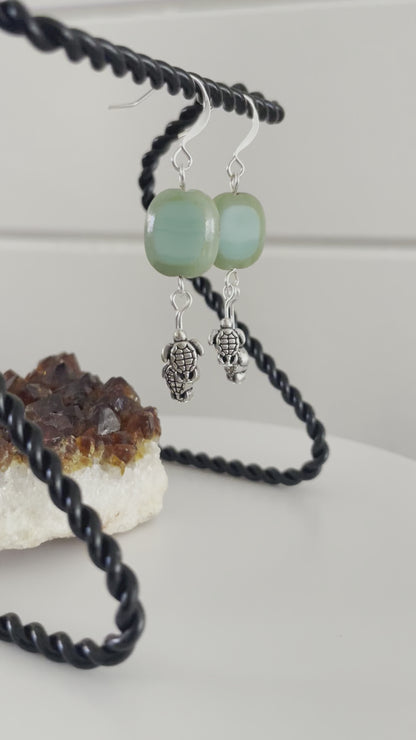 Pastel Green Glass Drop & Miniature Mixed Metal Turtle Dangle Earrings Handmade Geometric Ocean Sea Life Light Green-Blue Turquoise Mini