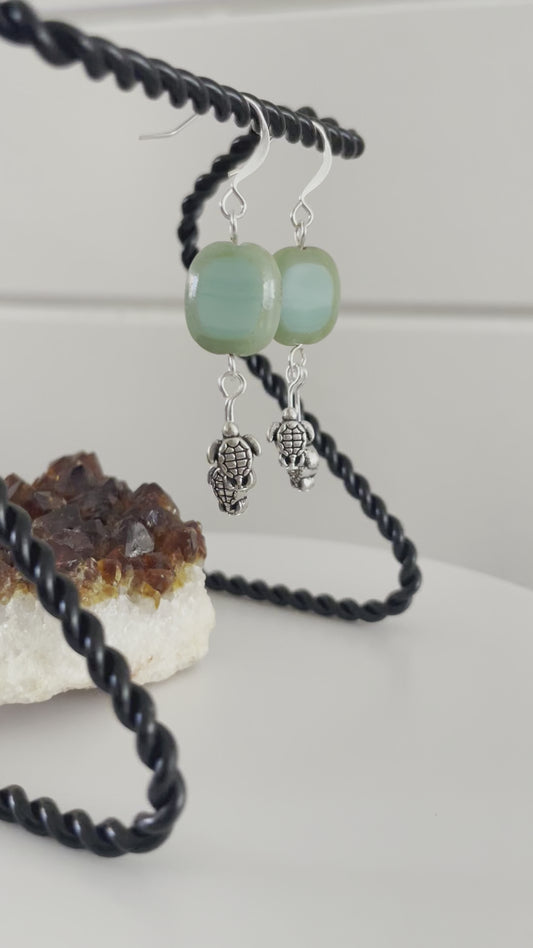 Pastel Green Glass Drop & Miniature Mixed Metal Turtle Dangle Earrings Handmade Geometric Ocean Sea Life Light Green-Blue Turquoise Mini