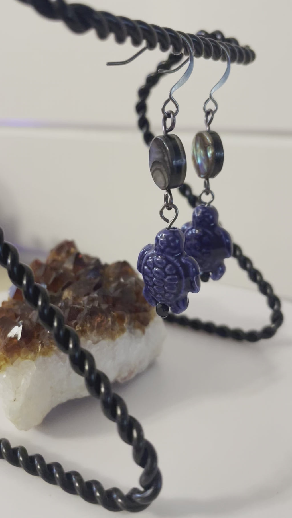 Abalone Shell & Dark Blue Ceramic Turtle Earrings Handmade Statement Ocean Sea Life Multicolor Iridescent Women Artisan Gift Everyday Fashion