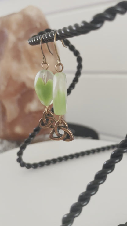 Copper Trinity Knot & Ombre Pale Green Glass Swirl Earrings 1.75" Semi-Translucent Celtic Triquetra Dangle