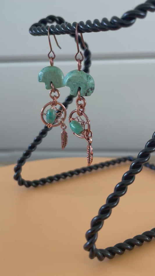 Handmade Carved Turquoise Bear & Dreamcatcher Earrings 2" Dangle Feather Copper Southwest Western