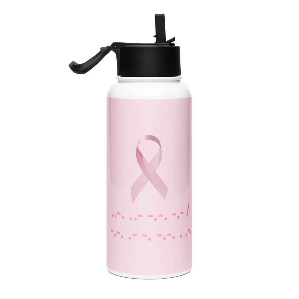 F*ck Cancer | Water Bottle Morse Code Pink Ribbon Stainless Steel 32 Oz Straw Lid Men Women Gift Idea Awareness