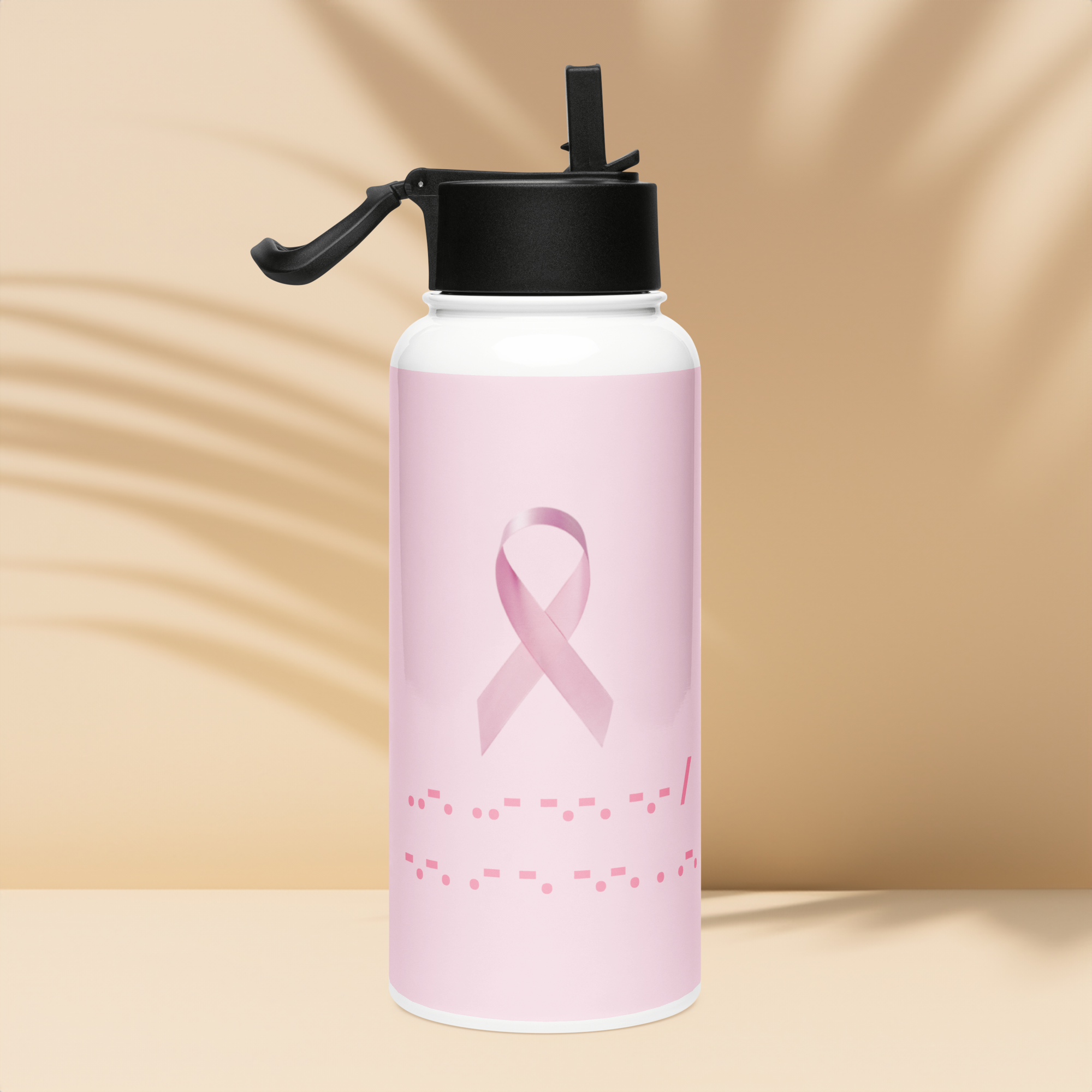 F*ck Cancer | Water Bottle Morse Code Pink Ribbon Stainless Steel 32 Oz Straw Lid Men Women Gift Idea Awareness