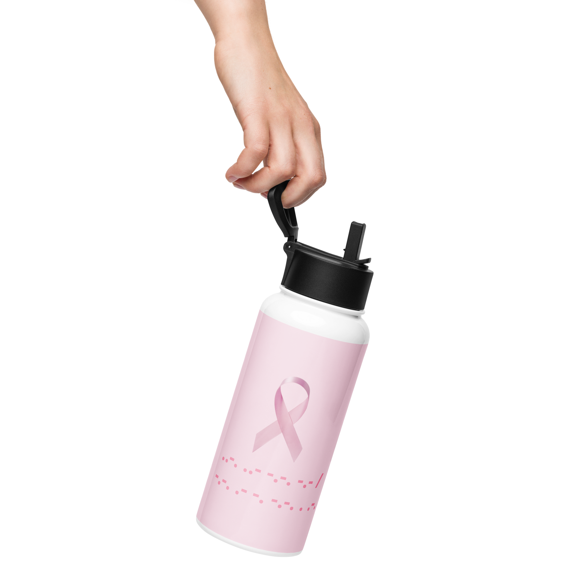 F*ck Cancer | Water Bottle Morse Code Pink Ribbon Stainless Steel 32 Oz Straw Lid Men Women Gift Idea Awareness