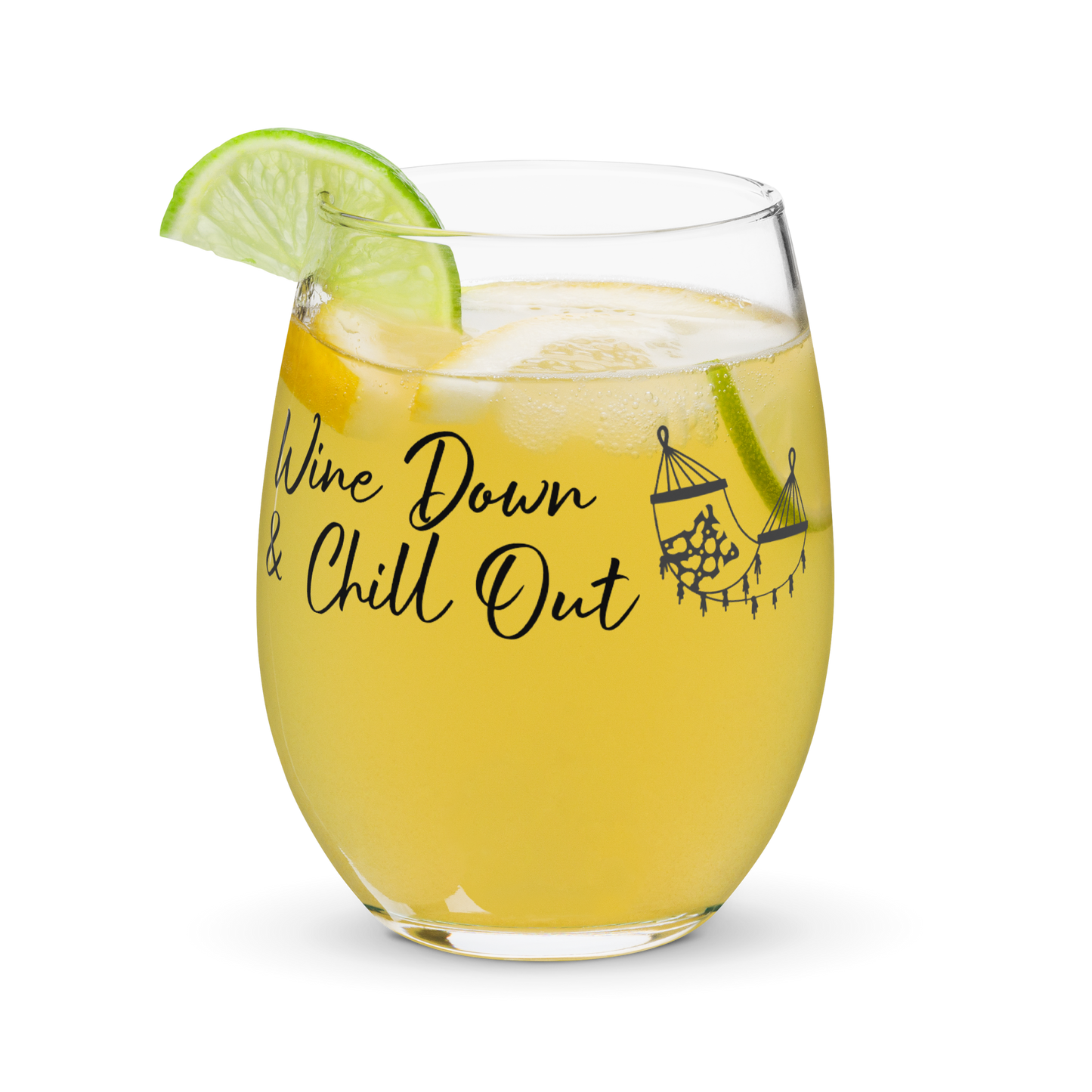 Wine Down & Chill Out Stemless Wine Glass Hammock Design for Women Friends Girlfriend Coworker Girl's Night Funny Saying Gift 15 Oz