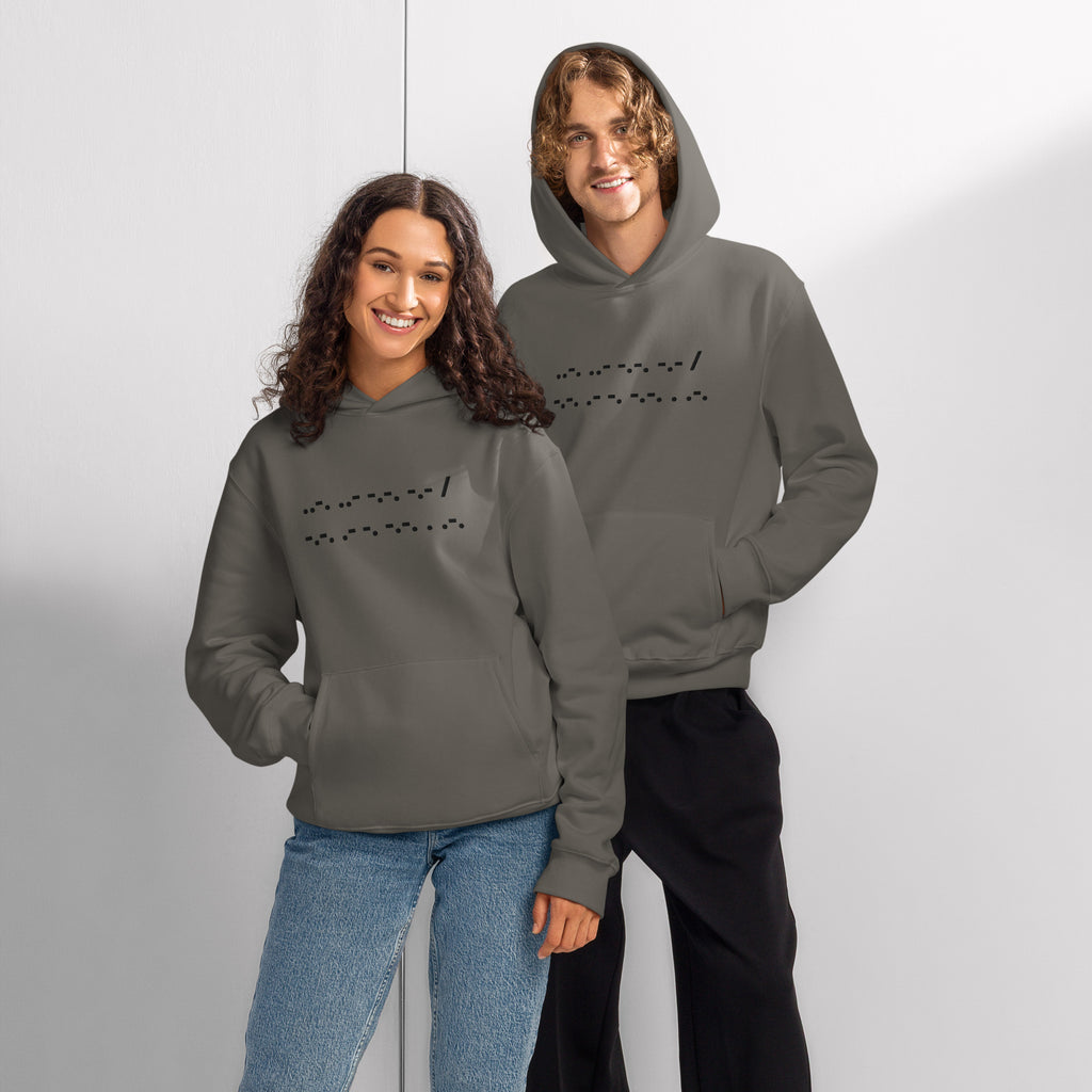Man and woman wearing gray hooded sweatshirts with the embroidered phrase "fuck cancer" on the front.