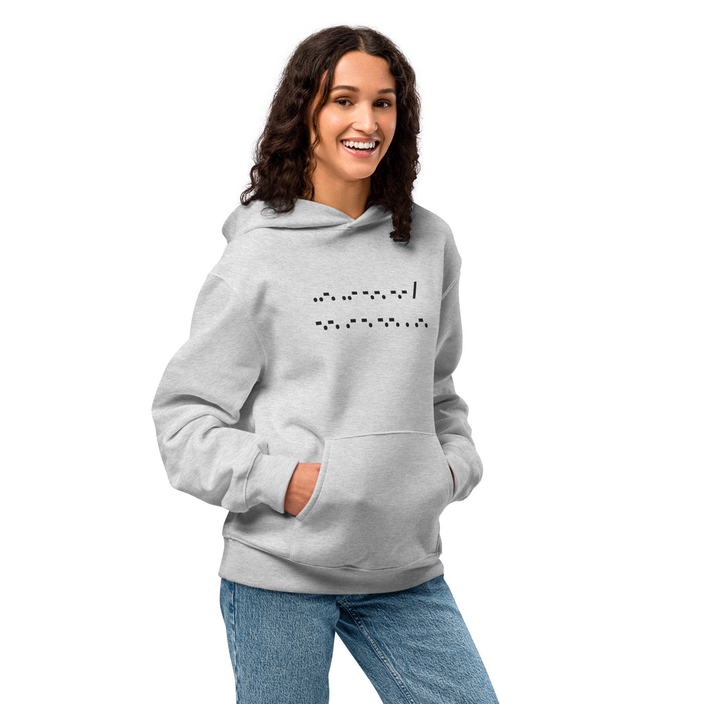 Light gray hoodie with fuck cancer in morse code on the front.