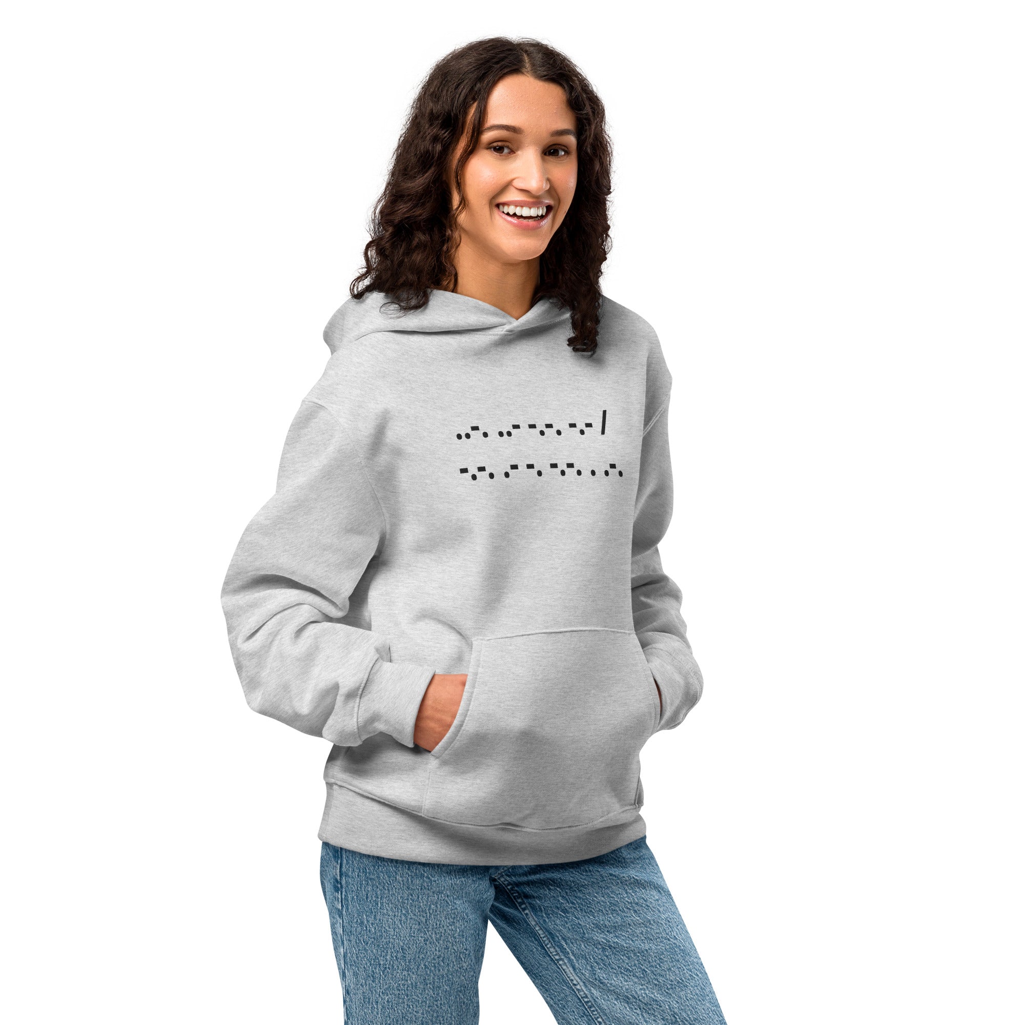 Light gray hoodie with fuck cancer in morse code on the front.