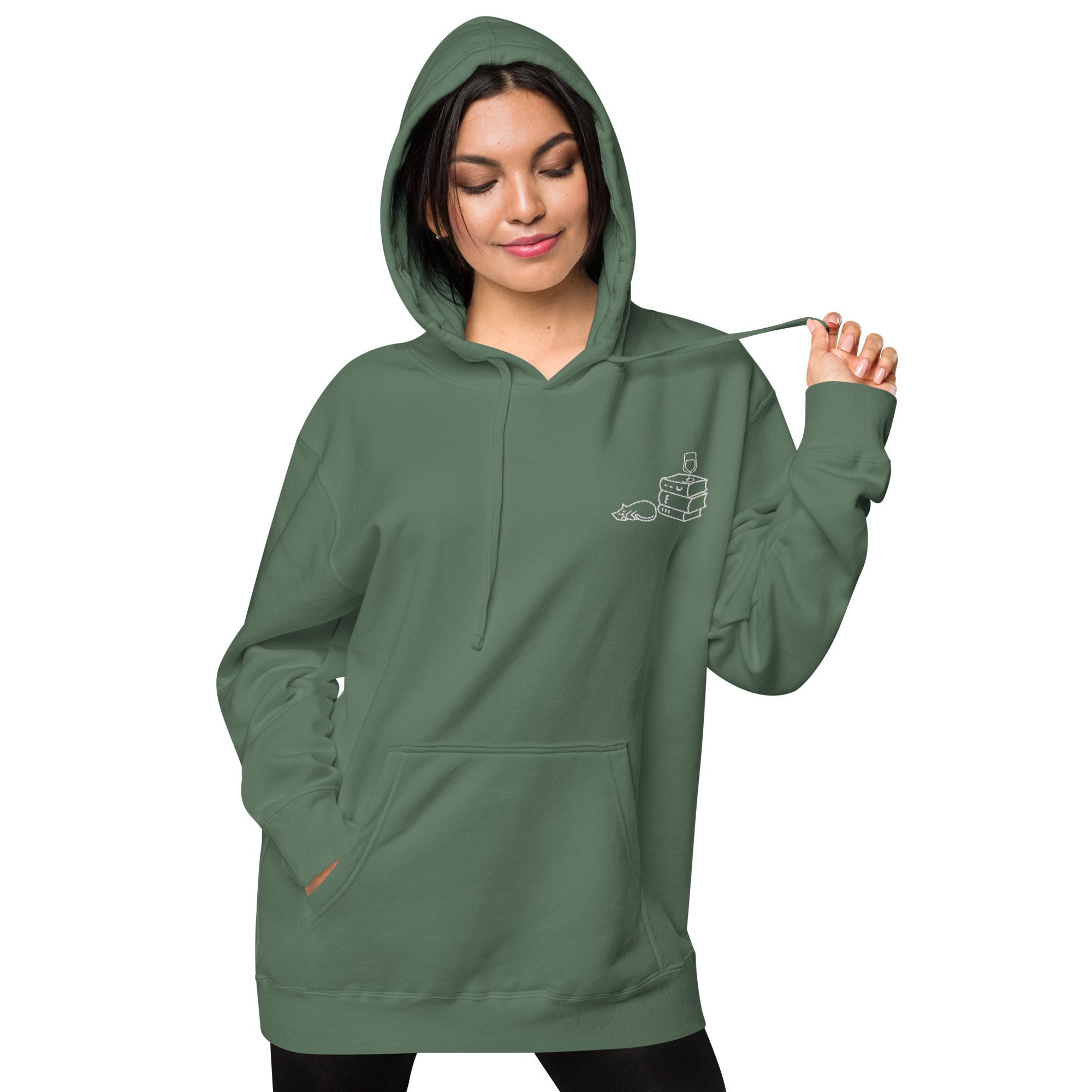 Books Wine Cats | Graphic Hoodie Gender-Neutral Unisex Embroidered Pigment-Dyed Vintage Pocket Style Casual Streetwear Cute Fashion