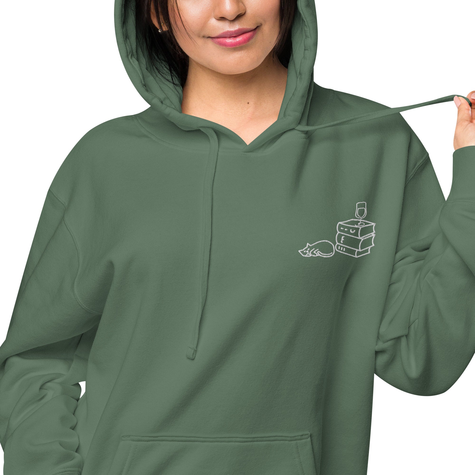 Books Wine Cats | Graphic Hoodie Gender-Neutral Unisex Embroidered Pigment-Dyed Vintage Pocket Style Casual Streetwear Cute Fashion
