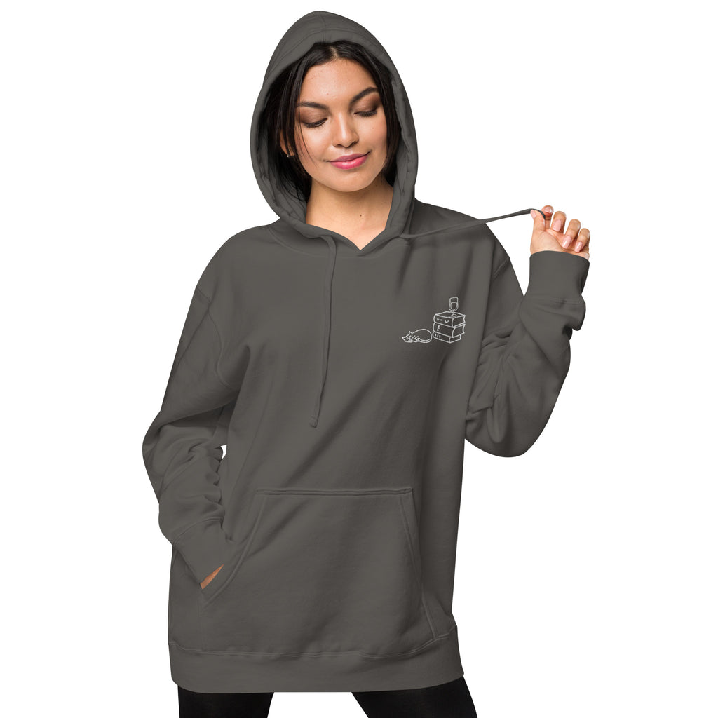 Books Wine Cats | Graphic Hoodie Gender-Neutral Unisex Embroidered Pigment-Dyed Vintage Pocket Style Casual Streetwear Cute Fashion