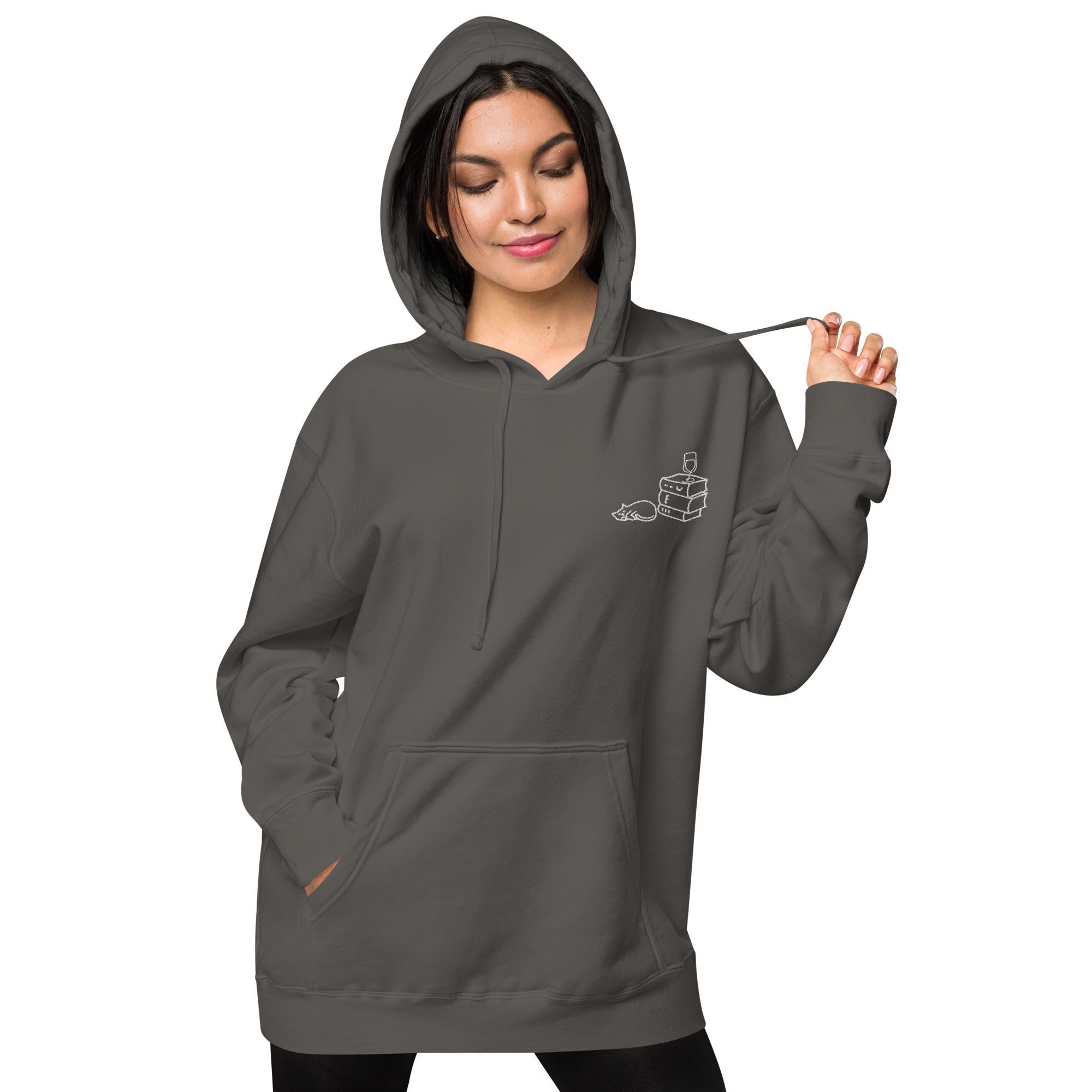 Books Wine Cats | Graphic Hoodie Gender-Neutral Unisex Embroidered Pigment-Dyed Vintage Pocket Style Casual Streetwear Cute Fashion