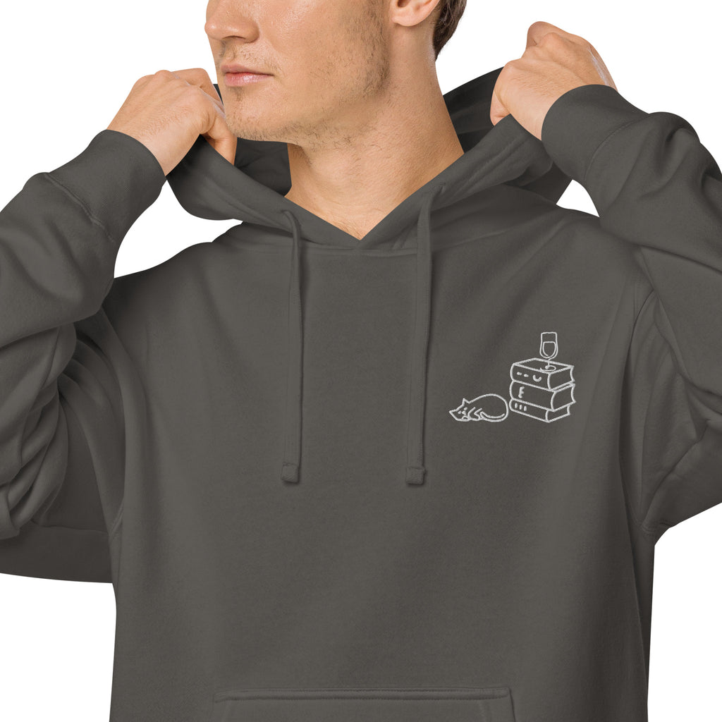 Books Wine Cats | Graphic Hoodie Gender-Neutral Unisex Embroidered Pigment-Dyed Vintage Pocket Style Casual Streetwear Cute Fashion