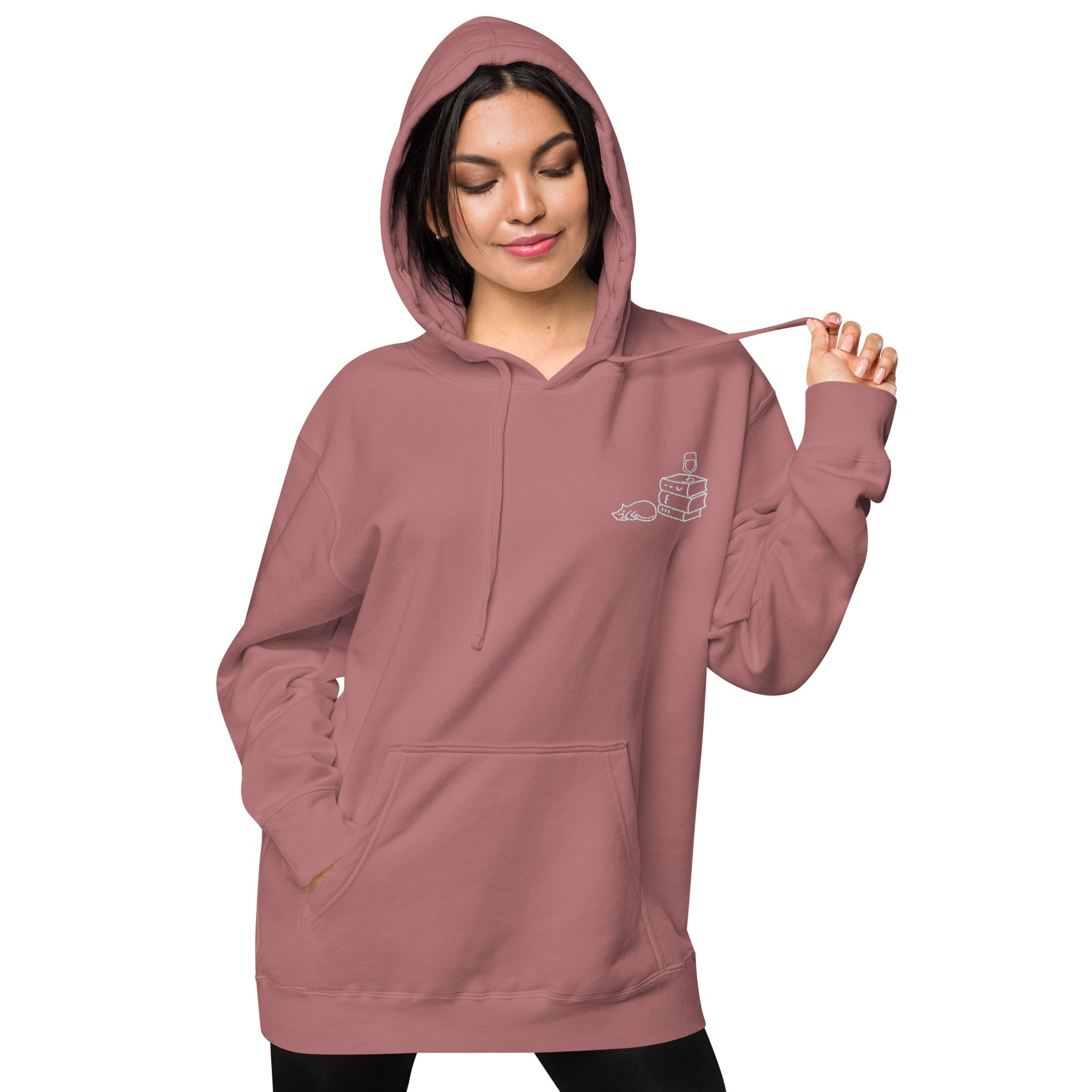 Books Wine Cats | Graphic Hoodie Gender-Neutral Unisex Embroidered Pigment-Dyed Vintage Pocket Style Casual Streetwear Cute Fashion
