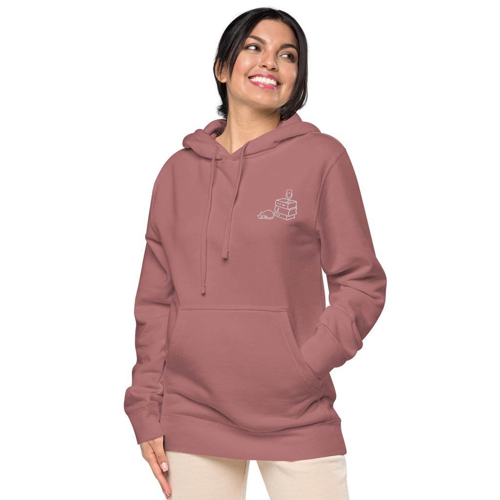 Books Wine Cats | Graphic Hoodie Gender-Neutral Unisex Embroidered Pigment-Dyed Vintage Pocket Style Casual Streetwear Cute Fashion