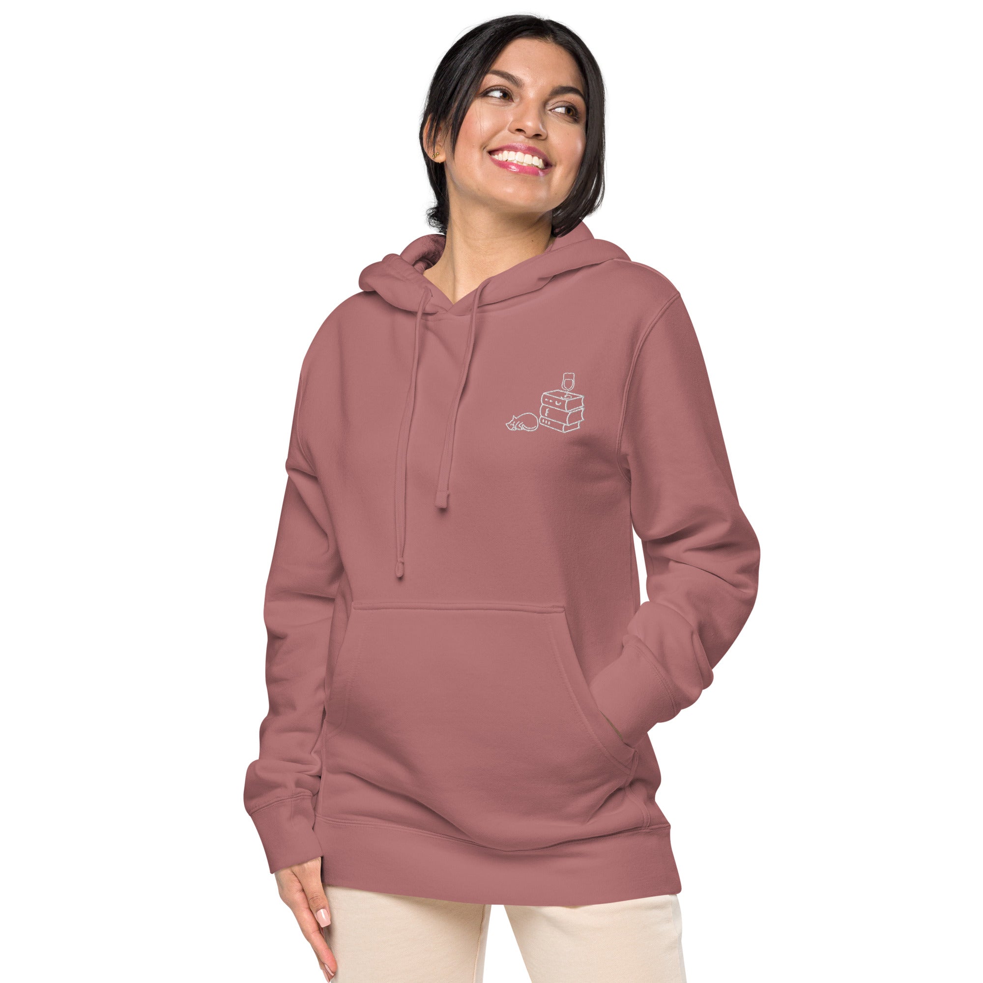 Books Wine Cats | Graphic Hoodie Gender-Neutral Unisex Embroidered Pigment-Dyed Vintage Pocket Style Casual Streetwear Cute Fashion