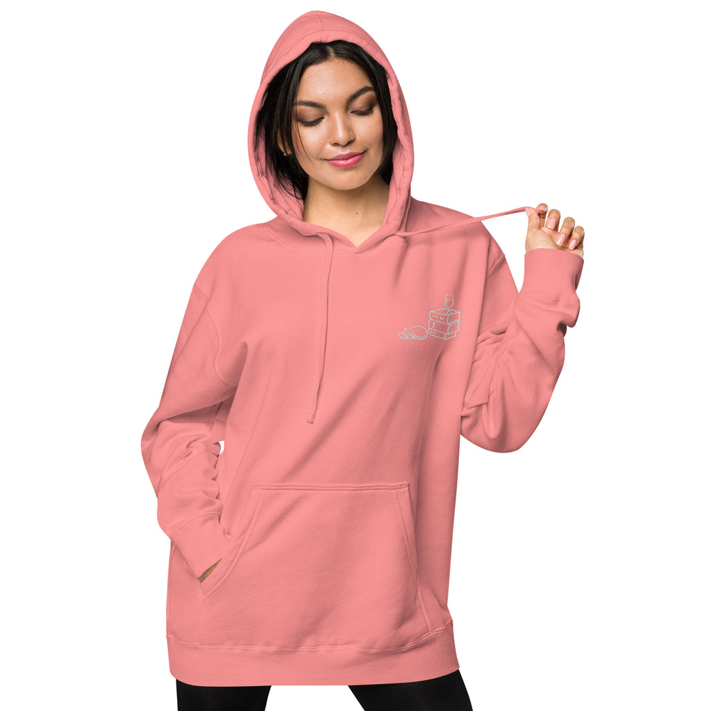 Books Wine Cats | Graphic Hoodie Gender-Neutral Unisex Embroidered Pigment-Dyed Vintage Pocket Style Casual Streetwear Cute Fashion