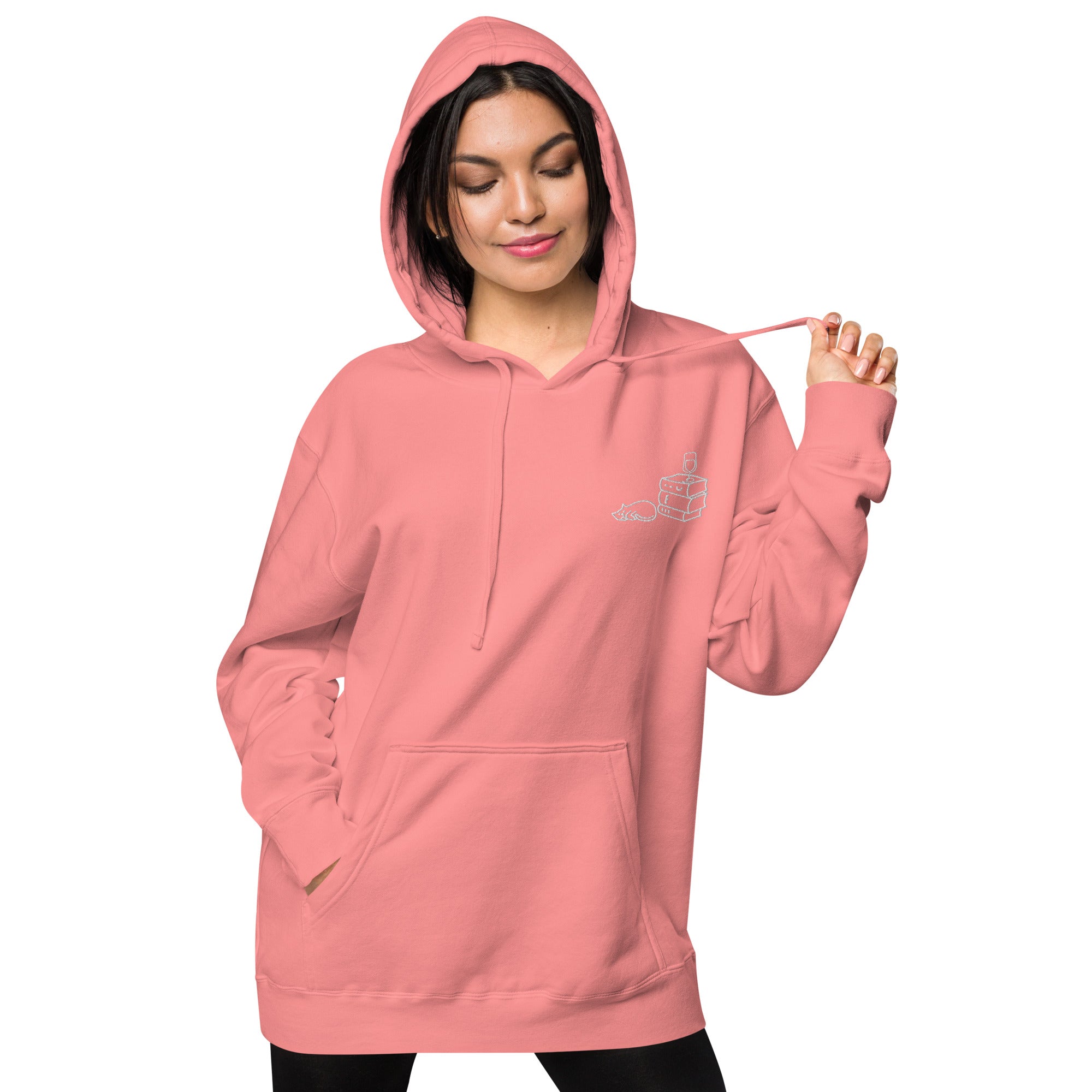Books Wine Cats | Graphic Hoodie Gender-Neutral Unisex Embroidered Pigment-Dyed Vintage Pocket Style Casual Streetwear Cute Fashion