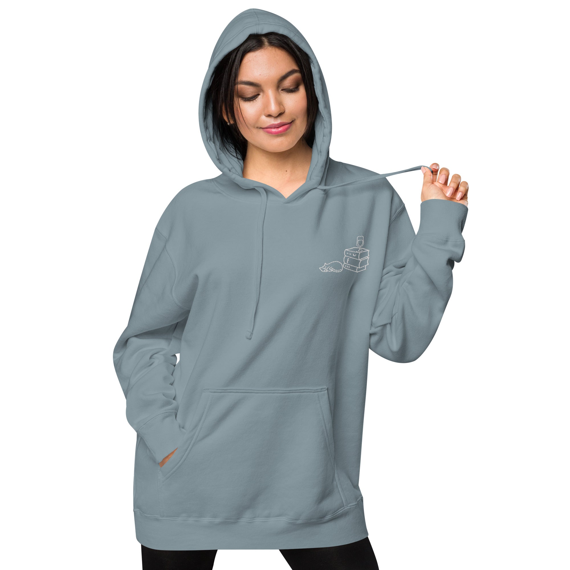 Books Wine Cats | Graphic Hoodie Gender-Neutral Unisex Embroidered Pigment-Dyed Vintage Pocket Style Casual Streetwear Cute Fashion