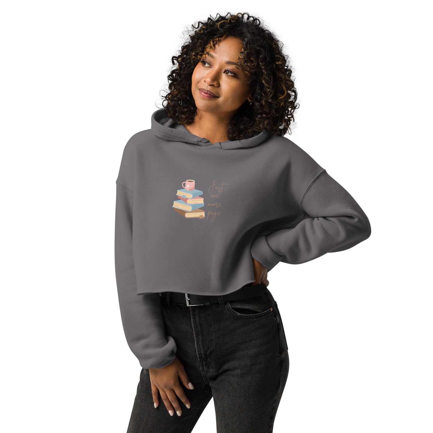 Women's Long Sleeve Pullover Graphic Crop Top Hoodie Sweatshirt Just One More Page Book Lover BookTok Fashion Gift Cozy Ladies Teen Casual