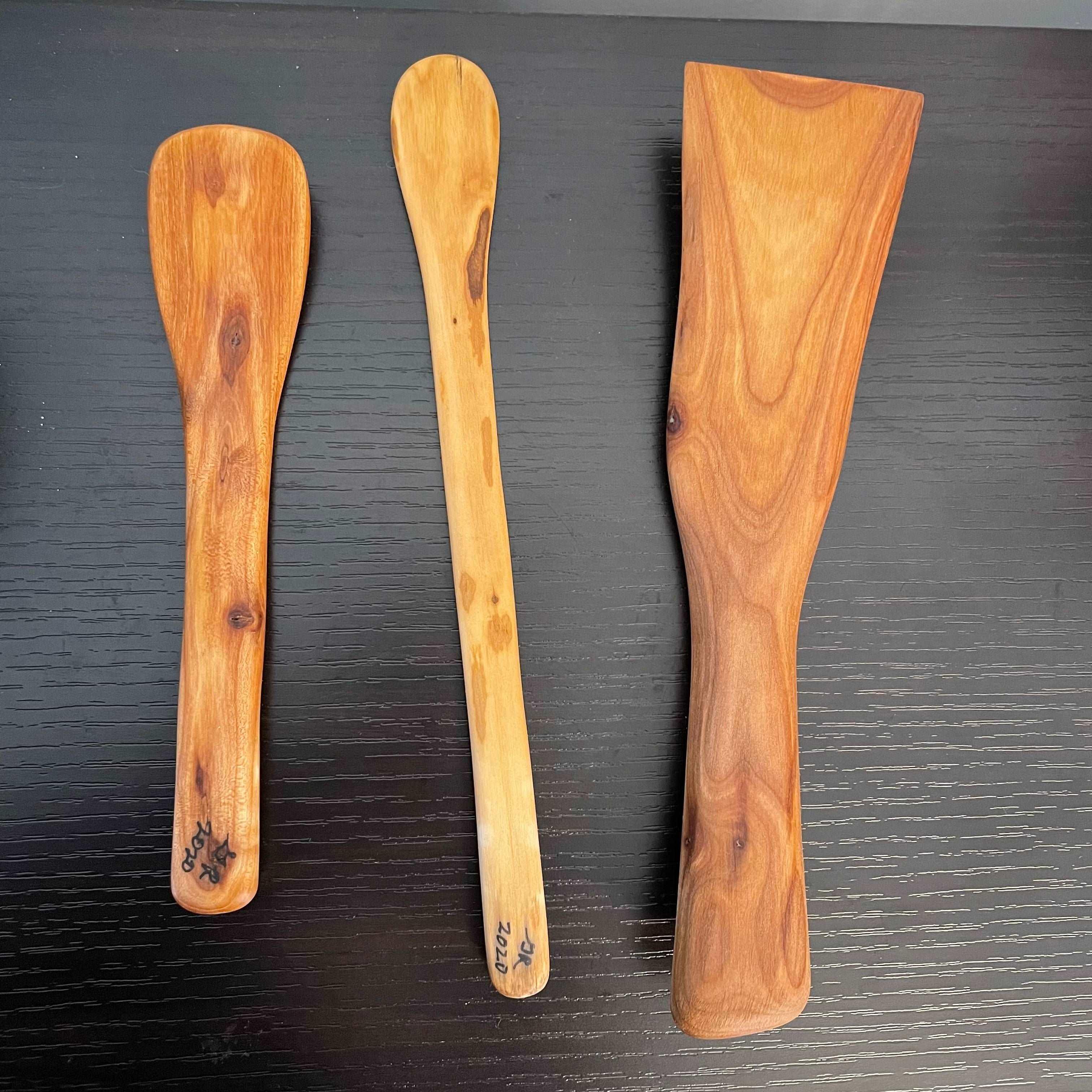 3 Piece Set Handmade Wooden Kitchen Utensil Set, Cherry displayed against black background.