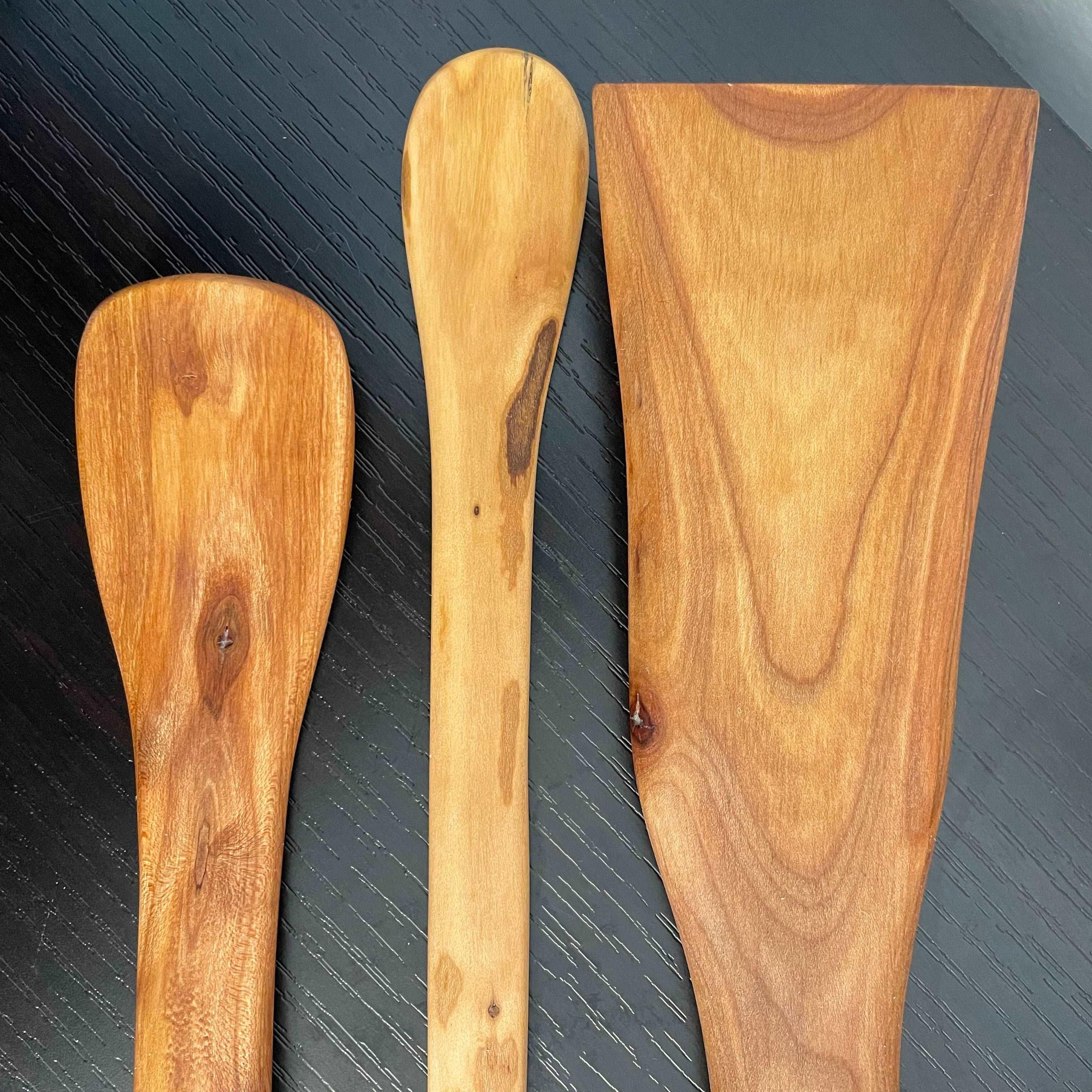 3 Piece Set Handmade Wooden Kitchen Utensil Set, Cherry--closeup of serving ends